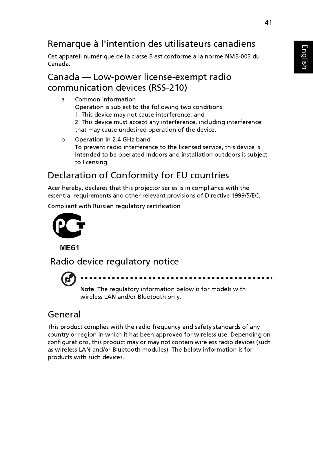 Acer H5360 manual Remarque à lintention des utilisateurs canadiens, Declaration of Conformity for EU countries 