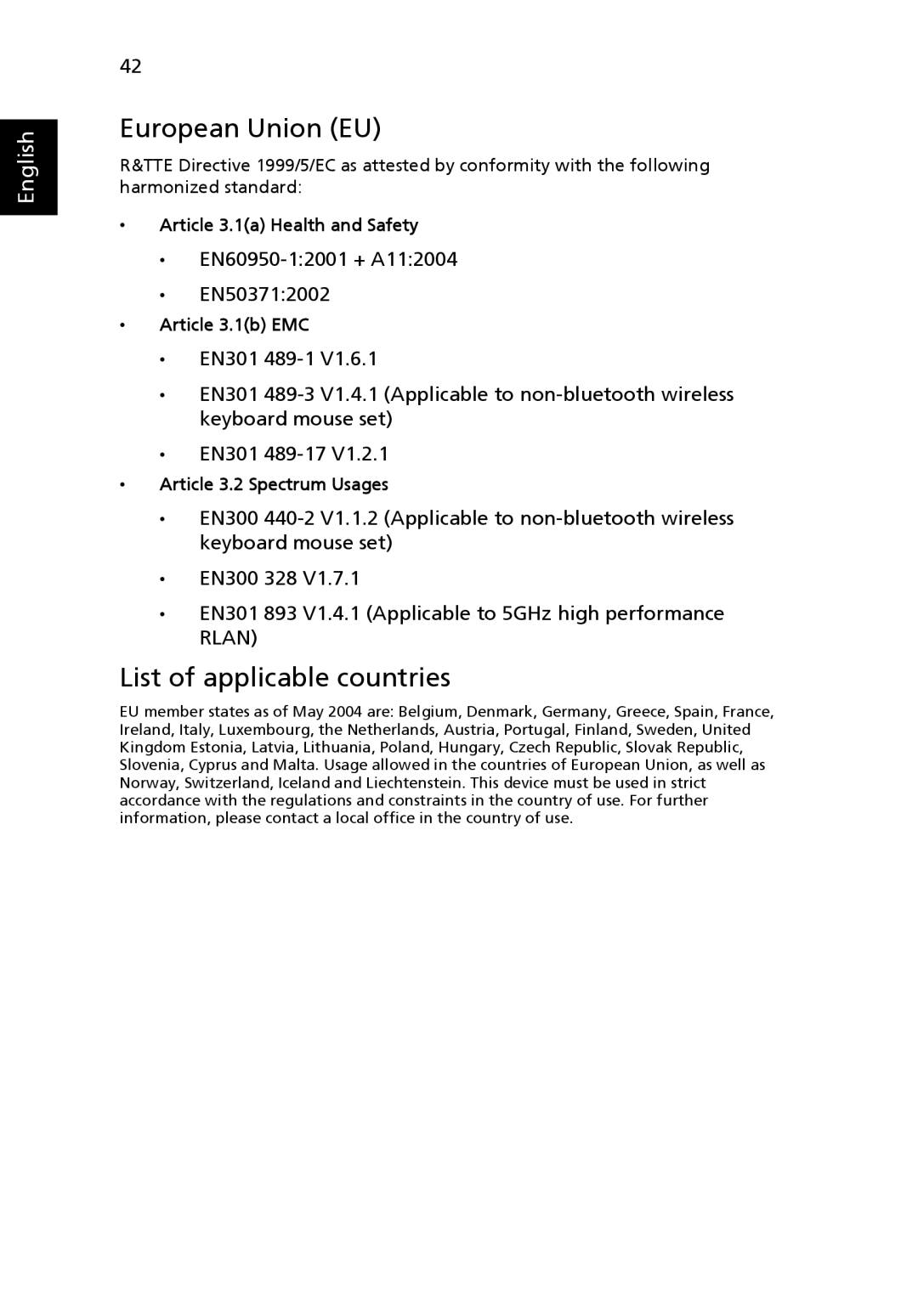 Acer H5360 manual European Union EU, List of applicable countries 