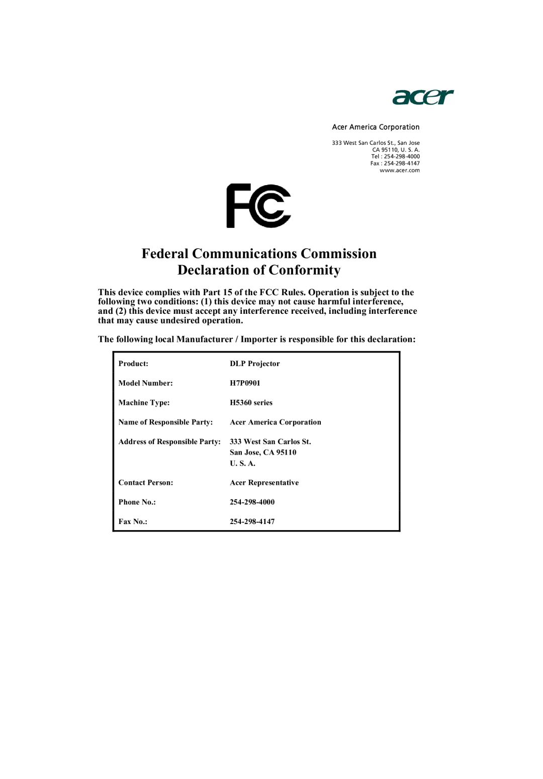 Acer H5360 manual Federal Communications Commission Declaration of Conformity 