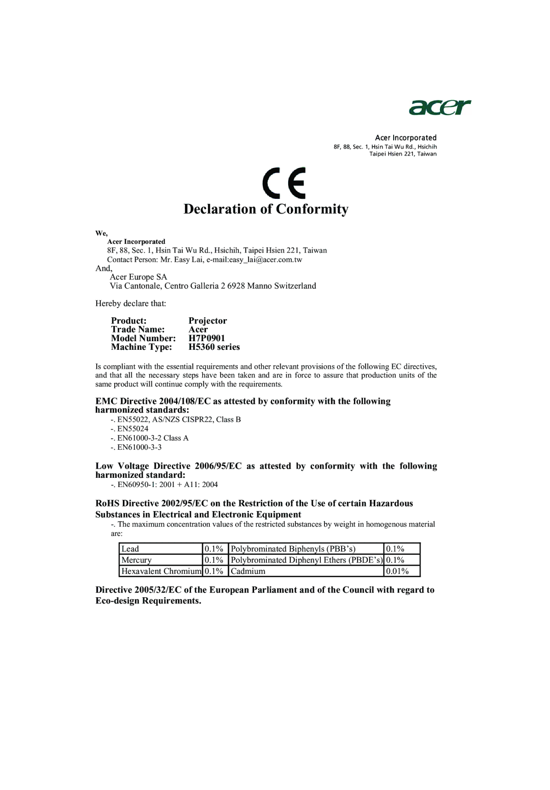 Acer H5360 manual Lead Polybrominated Biphenyls PBB’s Mercury 