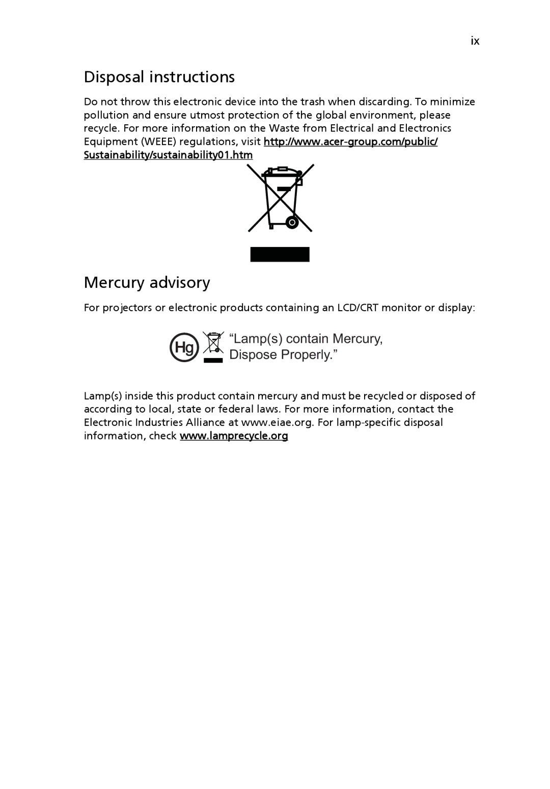 Acer H5360 manual Disposal instructions, Mercury advisory, Lamps contain Mercury, Dispose Properly 