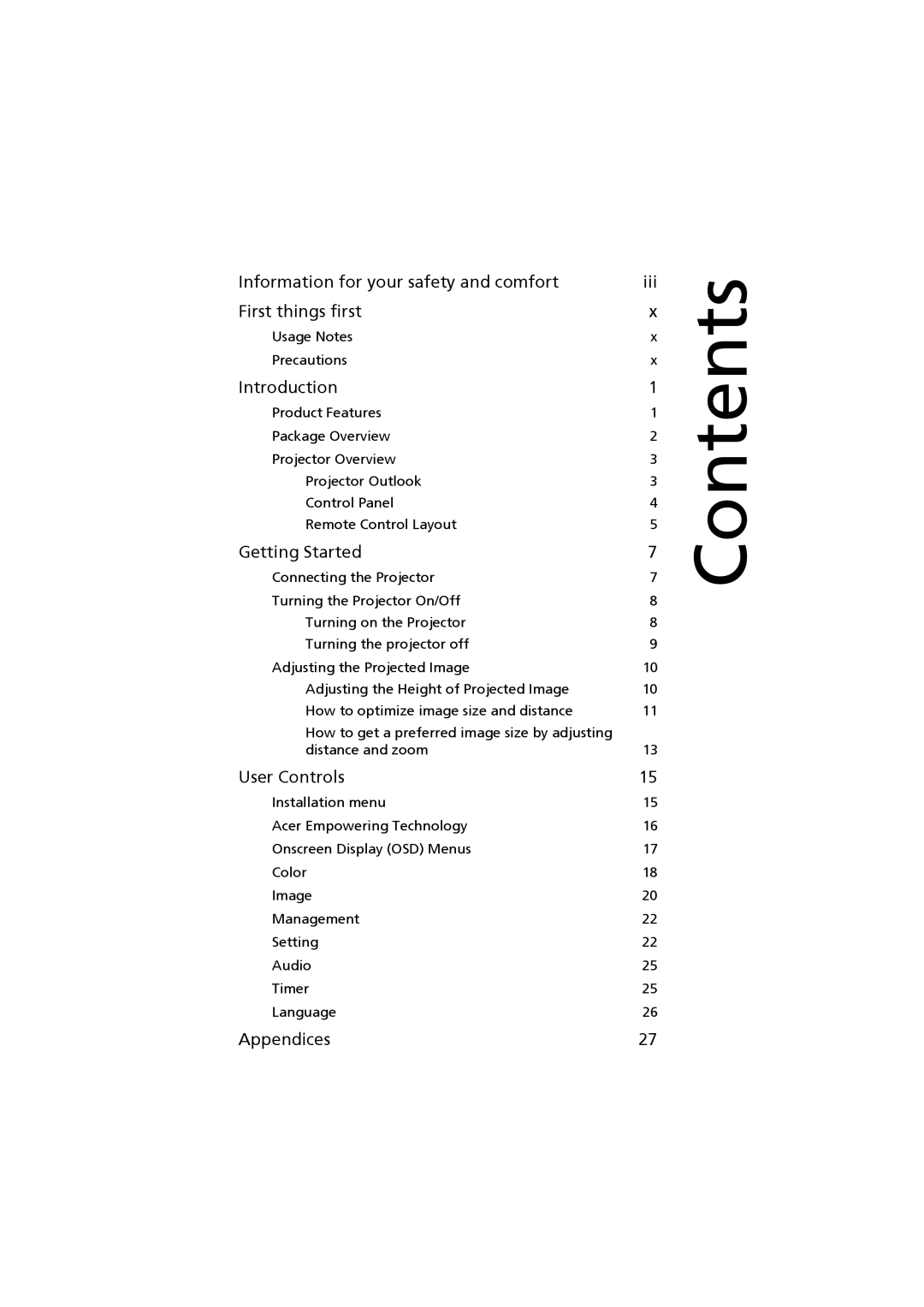 Acer H7530 Series, H7530D Series manual Contents 