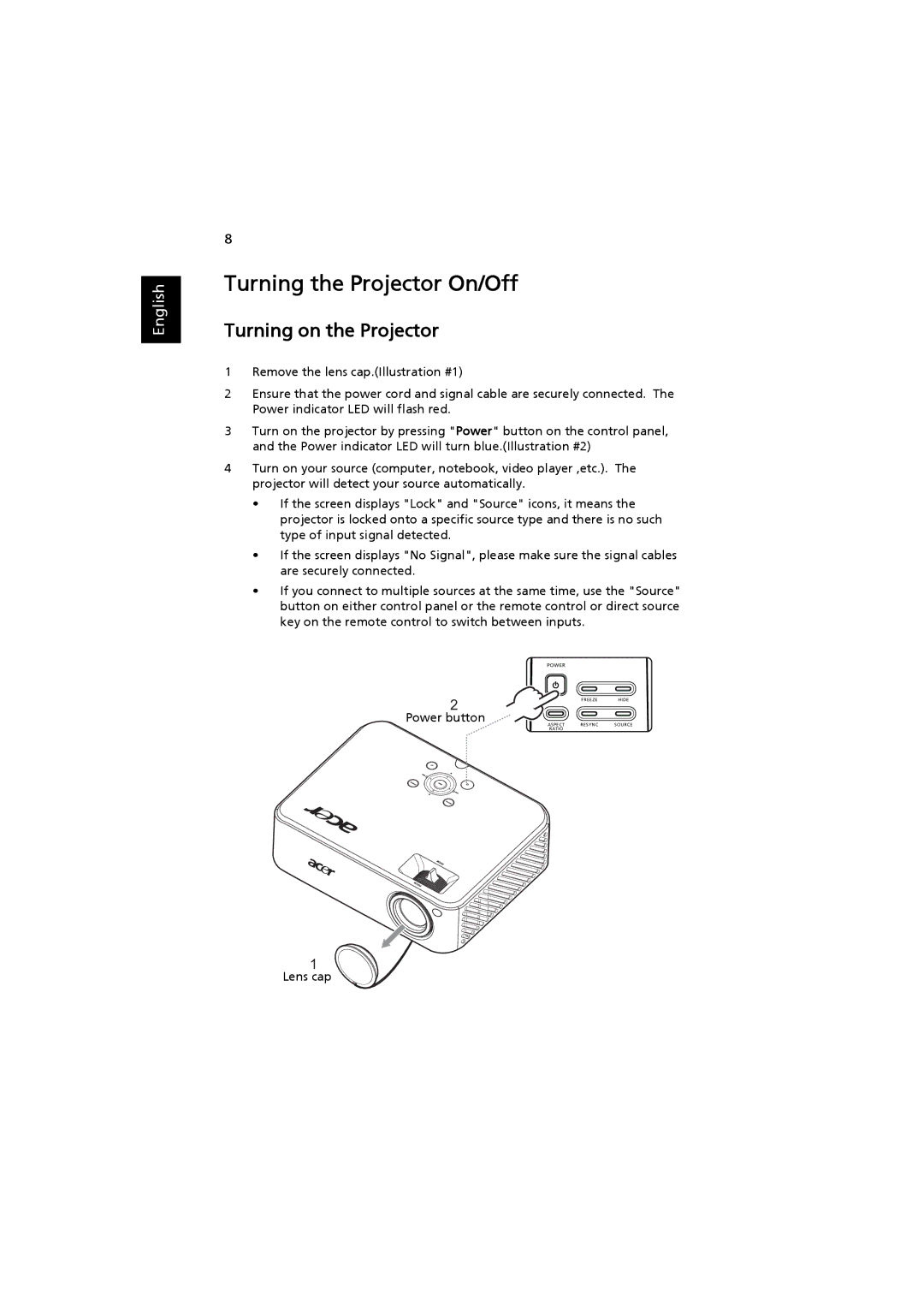 Acer H7530D Series, H7530 Series manual Turning the Projector On/Off, Turning on the Projector, Power button, Lens cap 