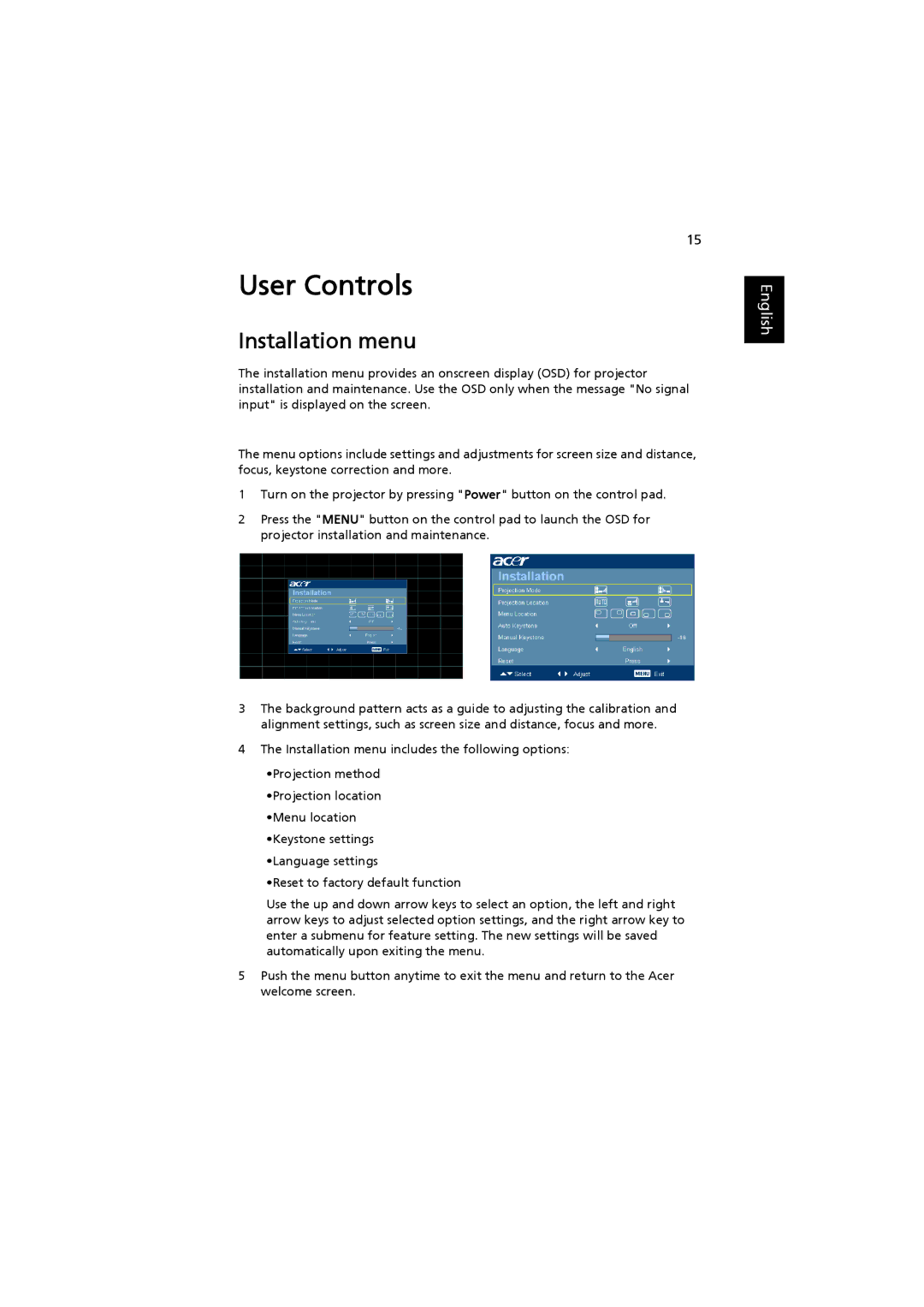 Acer H7530 Series, H7530D Series manual User Controls, Installation menu 