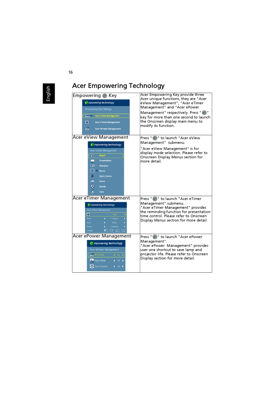 Acer H7530D Series, H7530 Series Acer Empowering Technology, Empowering Key, Acer eView Management, Acer eTimer Management 