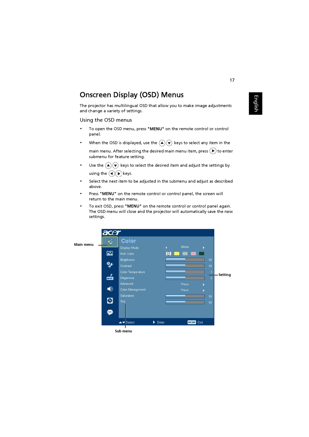 Acer H7530 Series, H7530D Series manual Onscreen Display OSD Menus, Using the OSD menus 