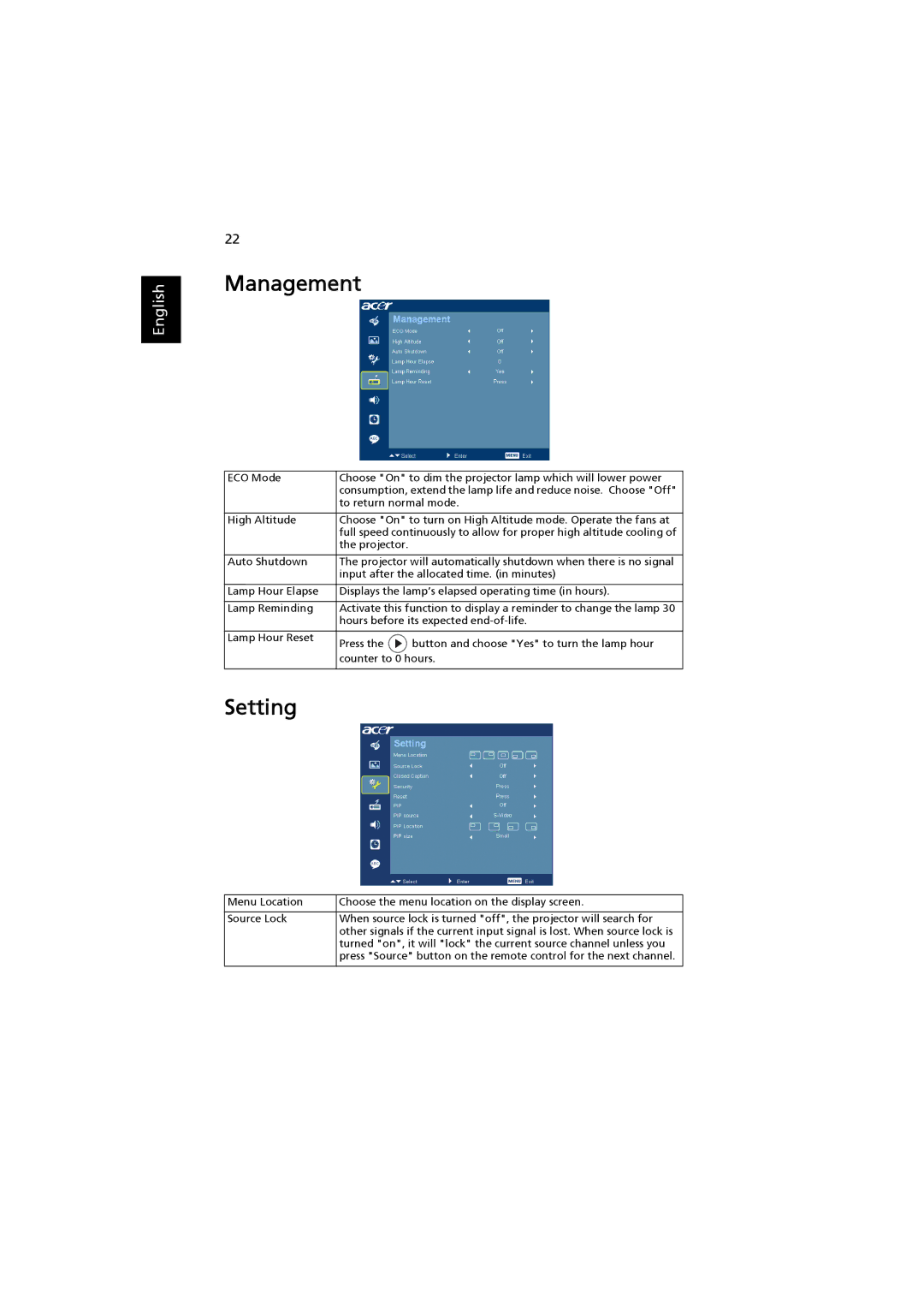 Acer H7530D Series, H7530 Series manual Management, Setting 