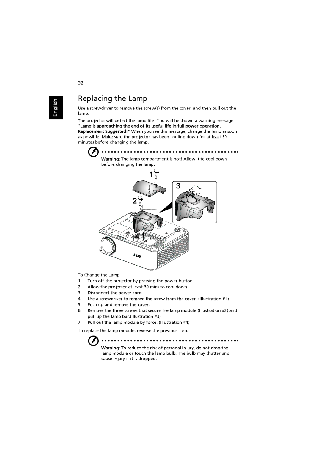 Acer H7530D Series, H7530 Series manual Replacing the Lamp 