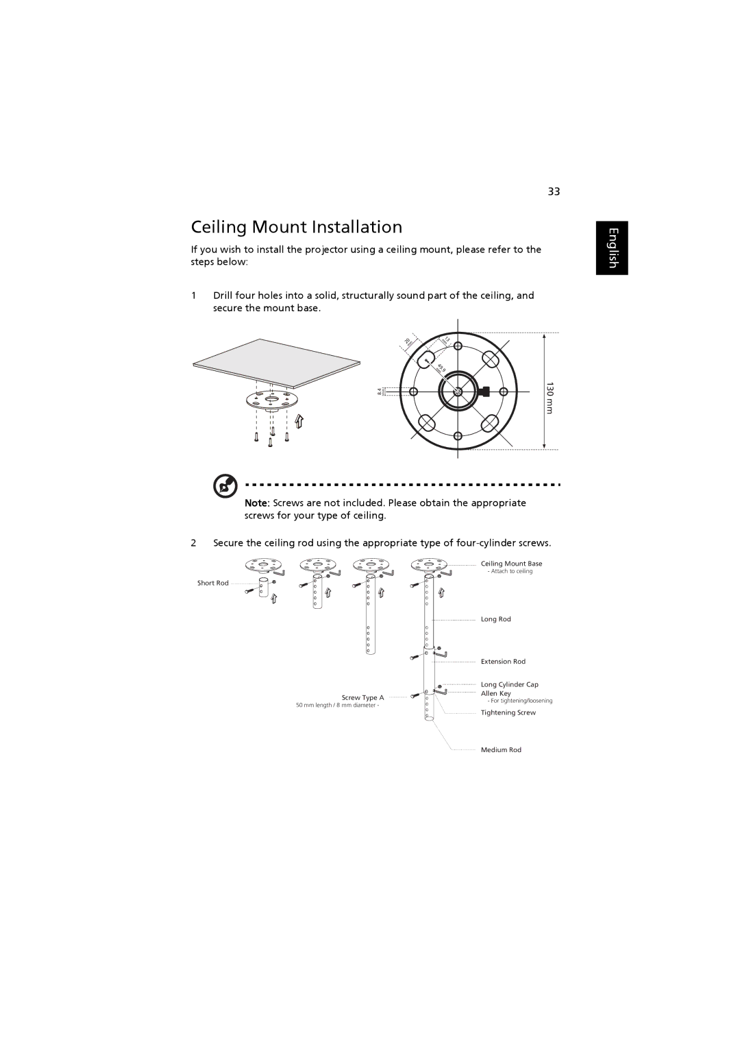 Acer H7530 Series, H7530D Series manual Ceiling Mount Installation 