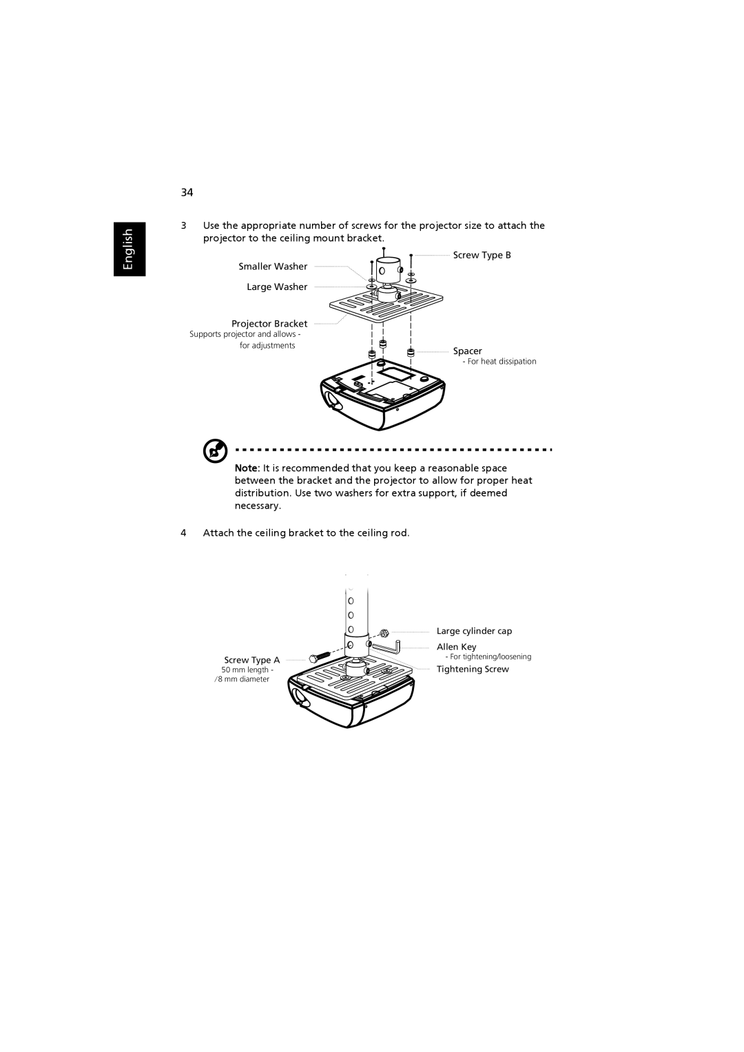 Acer H7530D Series, H7530 Series manual Attach the ceiling bracket to the ceiling rod 