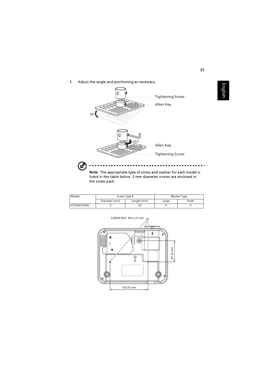 Acer H7530 Series Adjust the angle and positioning as necessary, Tightening Screw Allen Key Allen Key Tightening Screw 