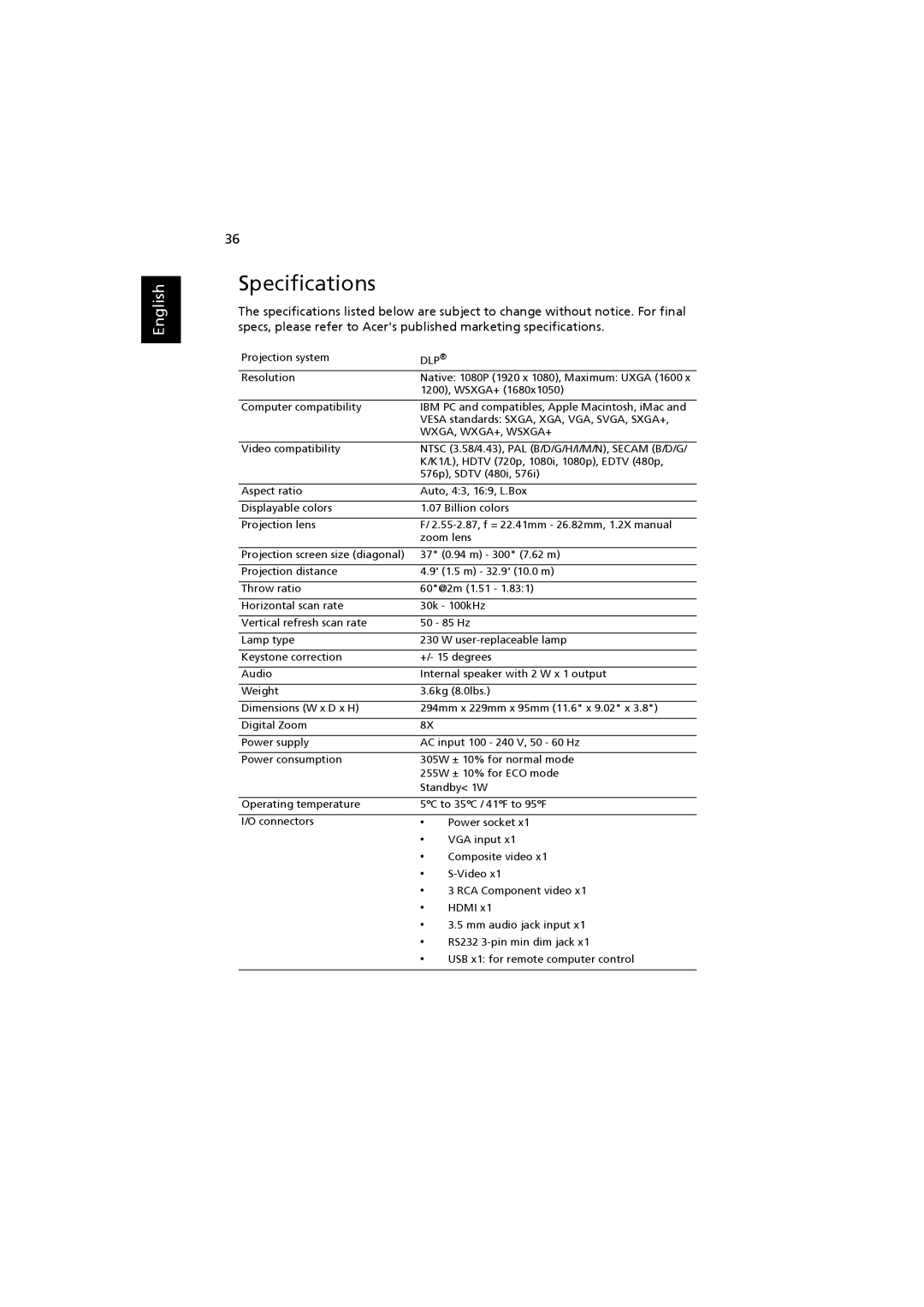 Acer H7530D Series, H7530 Series manual Specifications, Dlp 