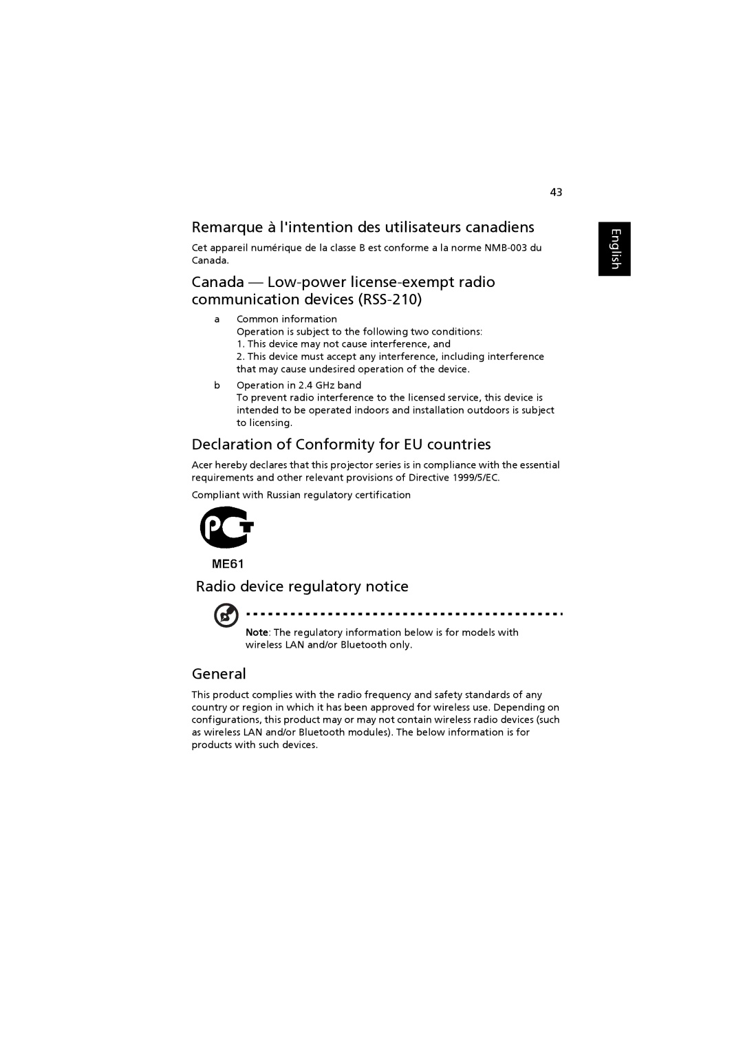 Acer H7530 Series manual Remarque à lintention des utilisateurs canadiens, Declaration of Conformity for EU countries 