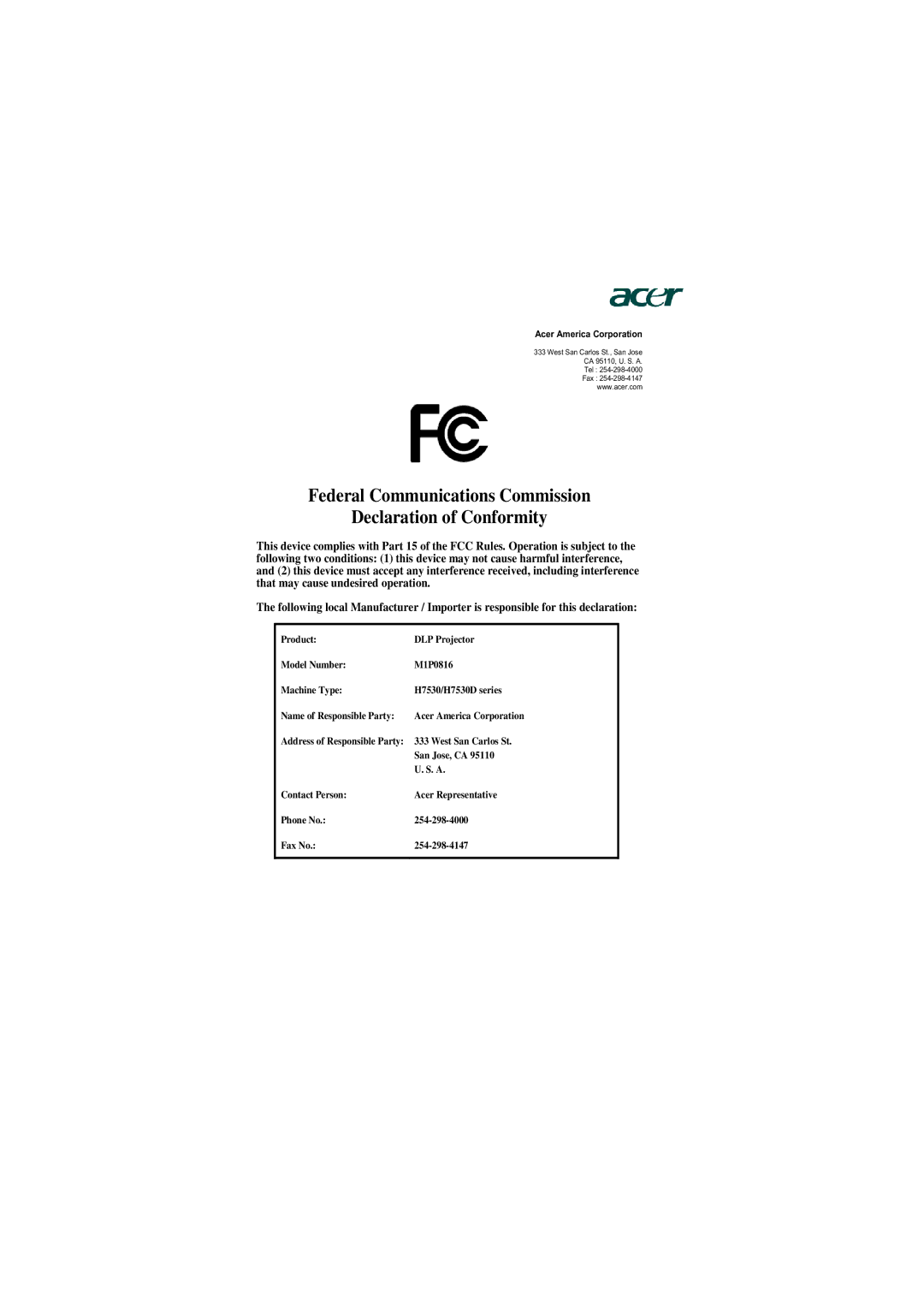 Acer H7530 Series, H7530D Series manual Federal Communications Commission Declaration of Conformity 