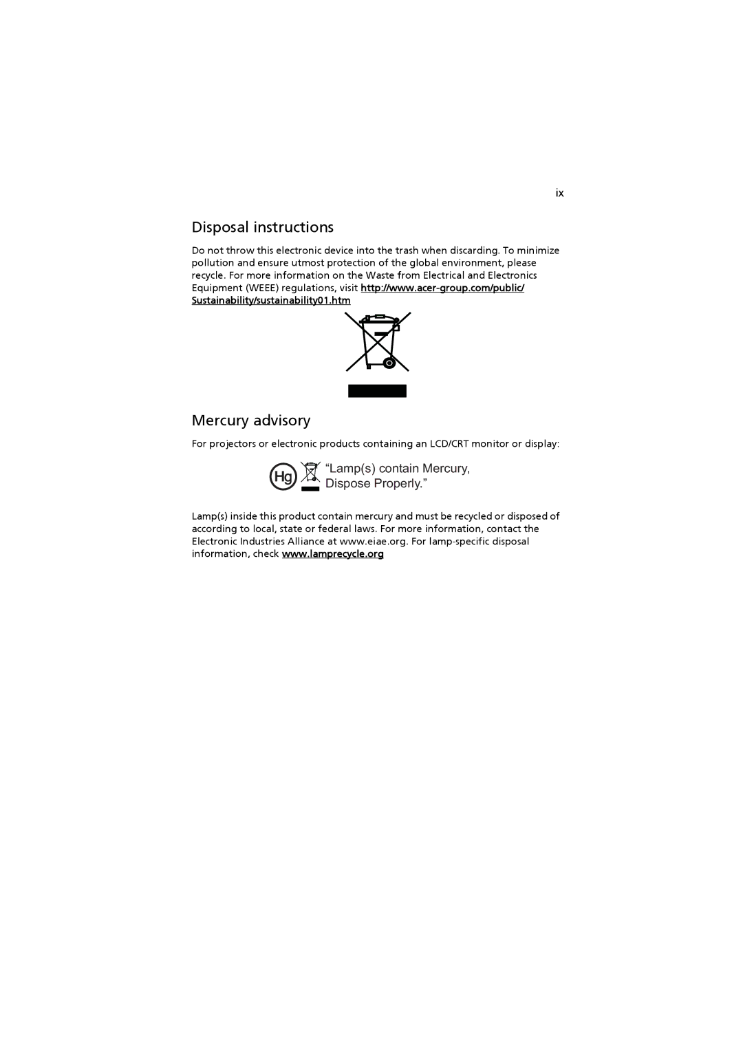 Acer H7530 Series, H7530D Series manual Disposal instructions, Mercury advisory, Lamps contain Mercury, Dispose Properly 