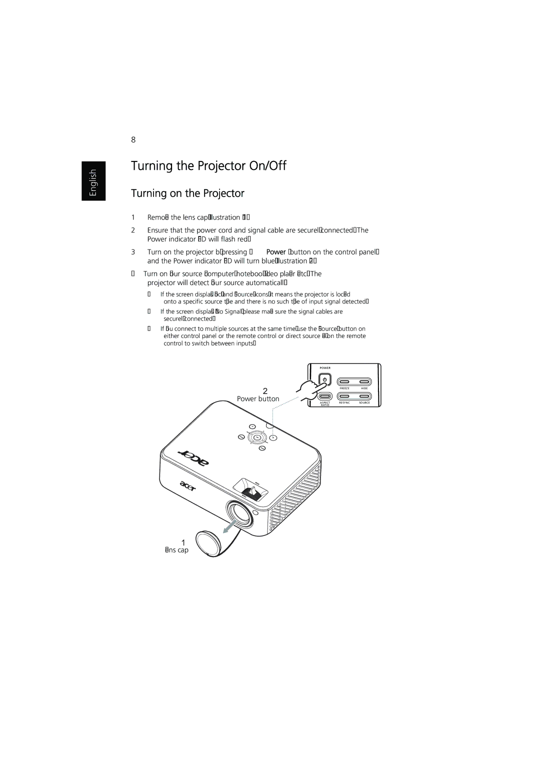 Acer H7531D manual Turning the Projector On/Off, Turning on the Projector, Power button, Lens cap 