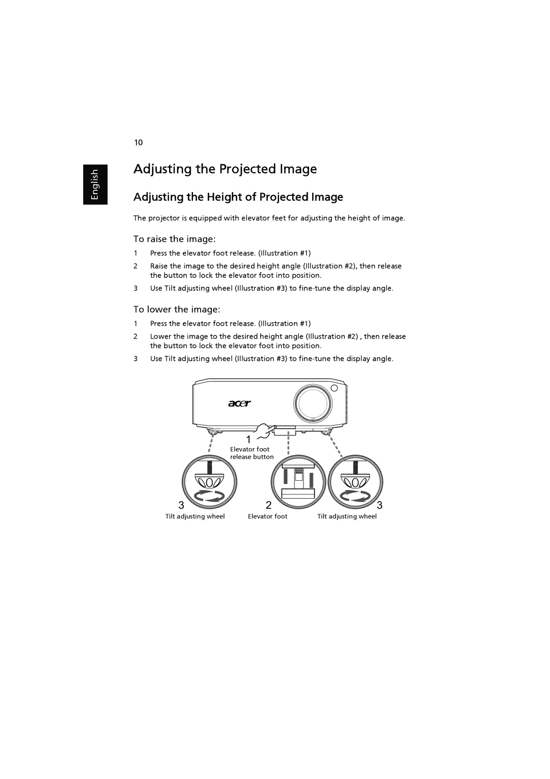 Acer H7531D Adjusting the Projected Image, Adjusting the Height of Projected Image, To raise the image, To lower the image 