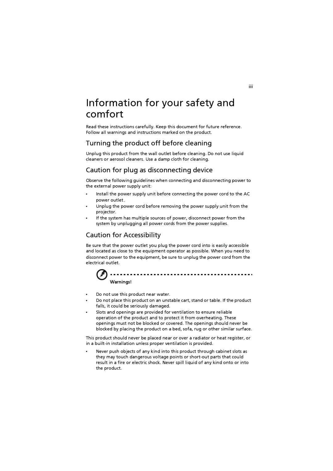 Acer H7531D manual Information for your safety and comfort, Turning the product off before cleaning 