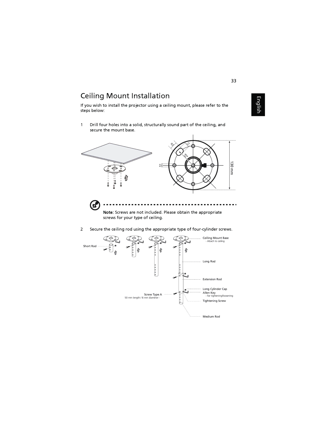 Acer H7531D manual Ceiling Mount Installation 