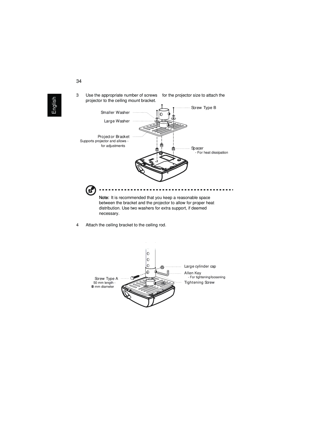 Acer H7531D manual Attach the ceiling bracket to the ceiling rod 