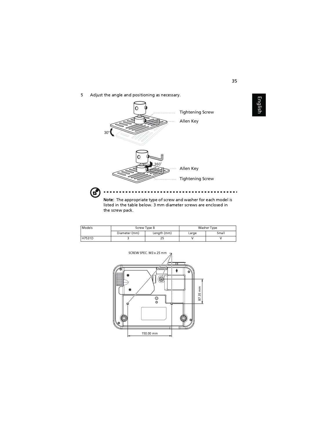 Acer H7531D manual Adjust the angle and positioning as necessary, Tightening Screw Allen Key Allen Key Tightening Screw 