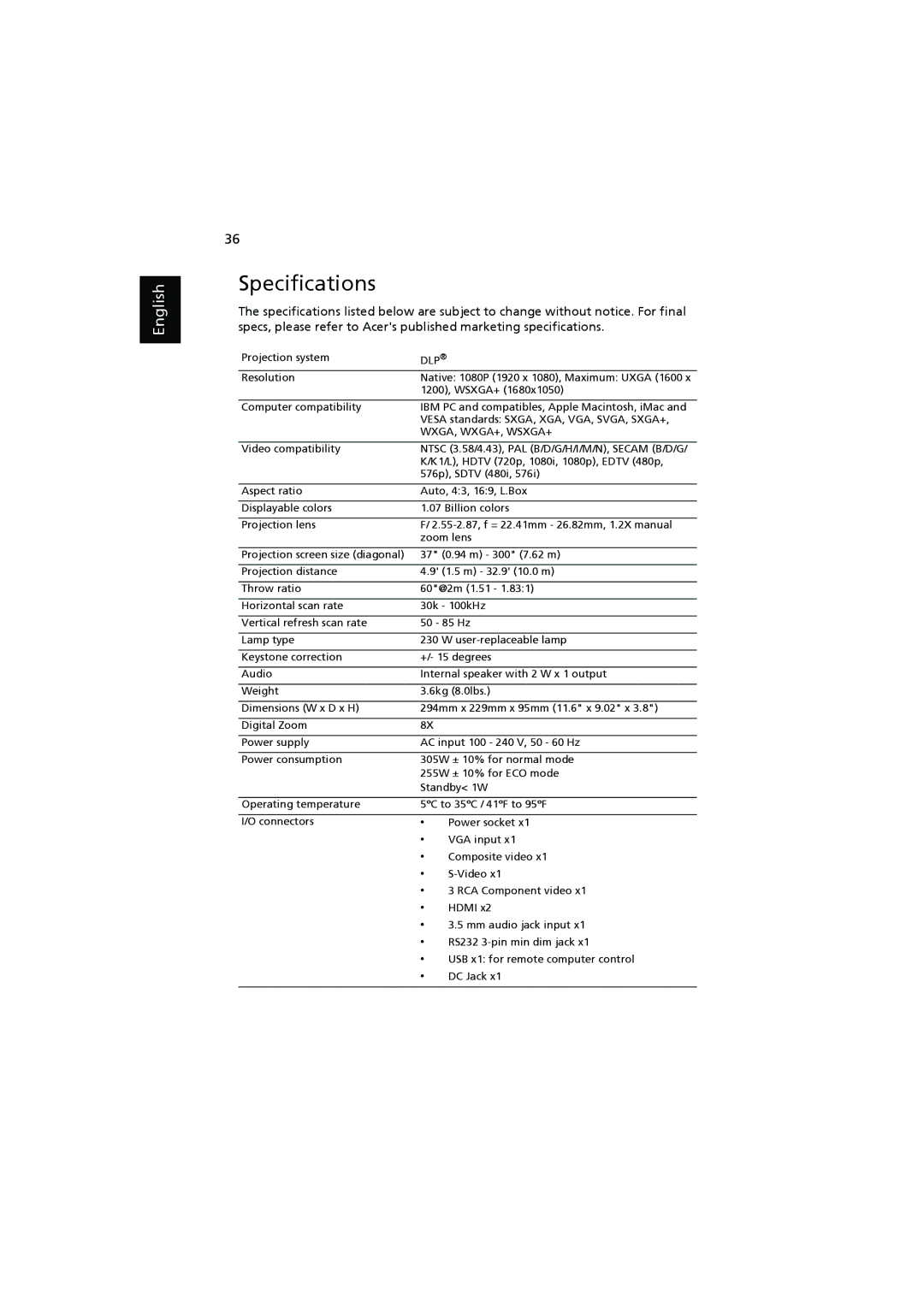 Acer H7531D manual Specifications, Dlp 