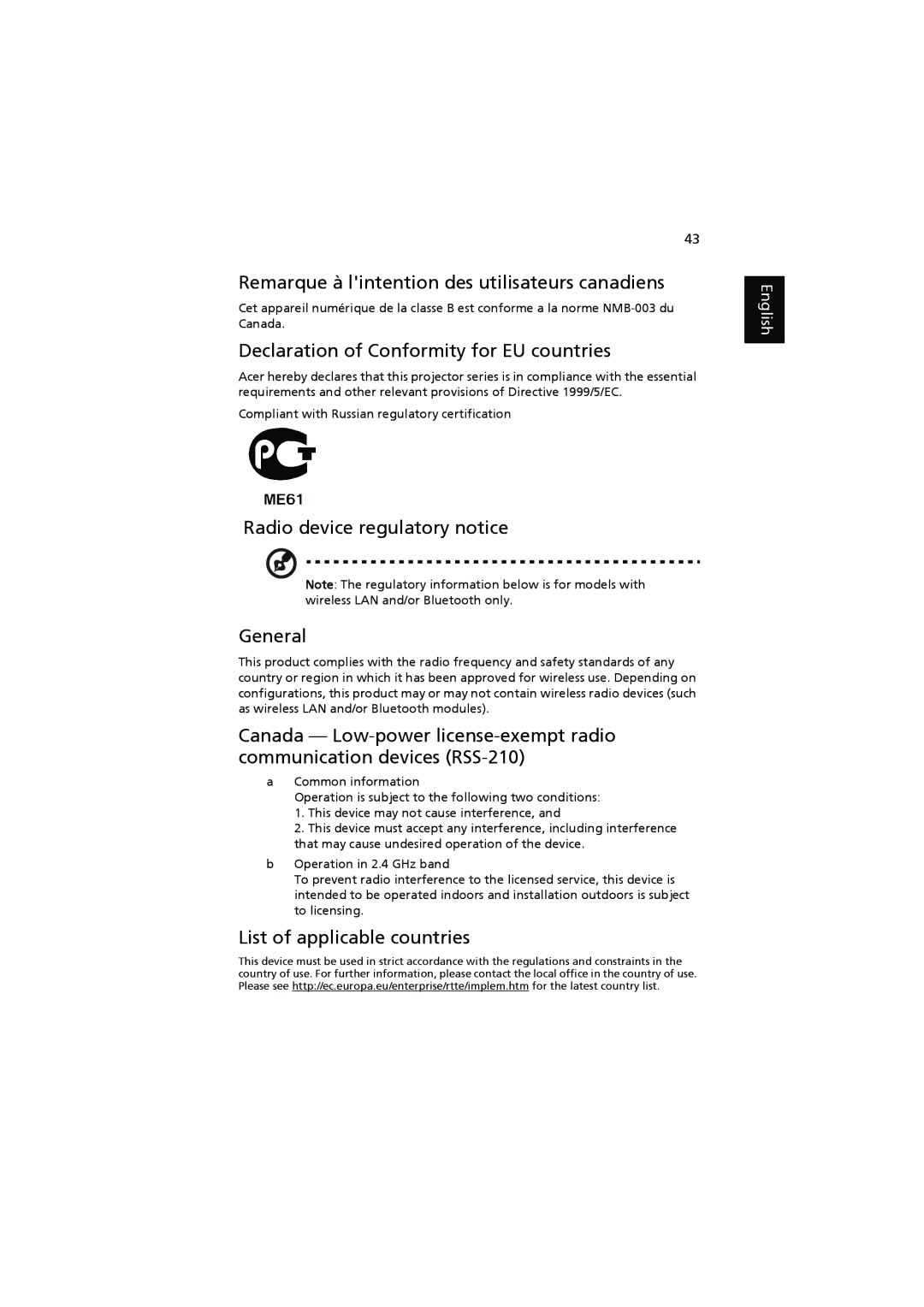 Acer H7531D manual Remarque à lintention des utilisateurs canadiens, Declaration of Conformity for EU countries 