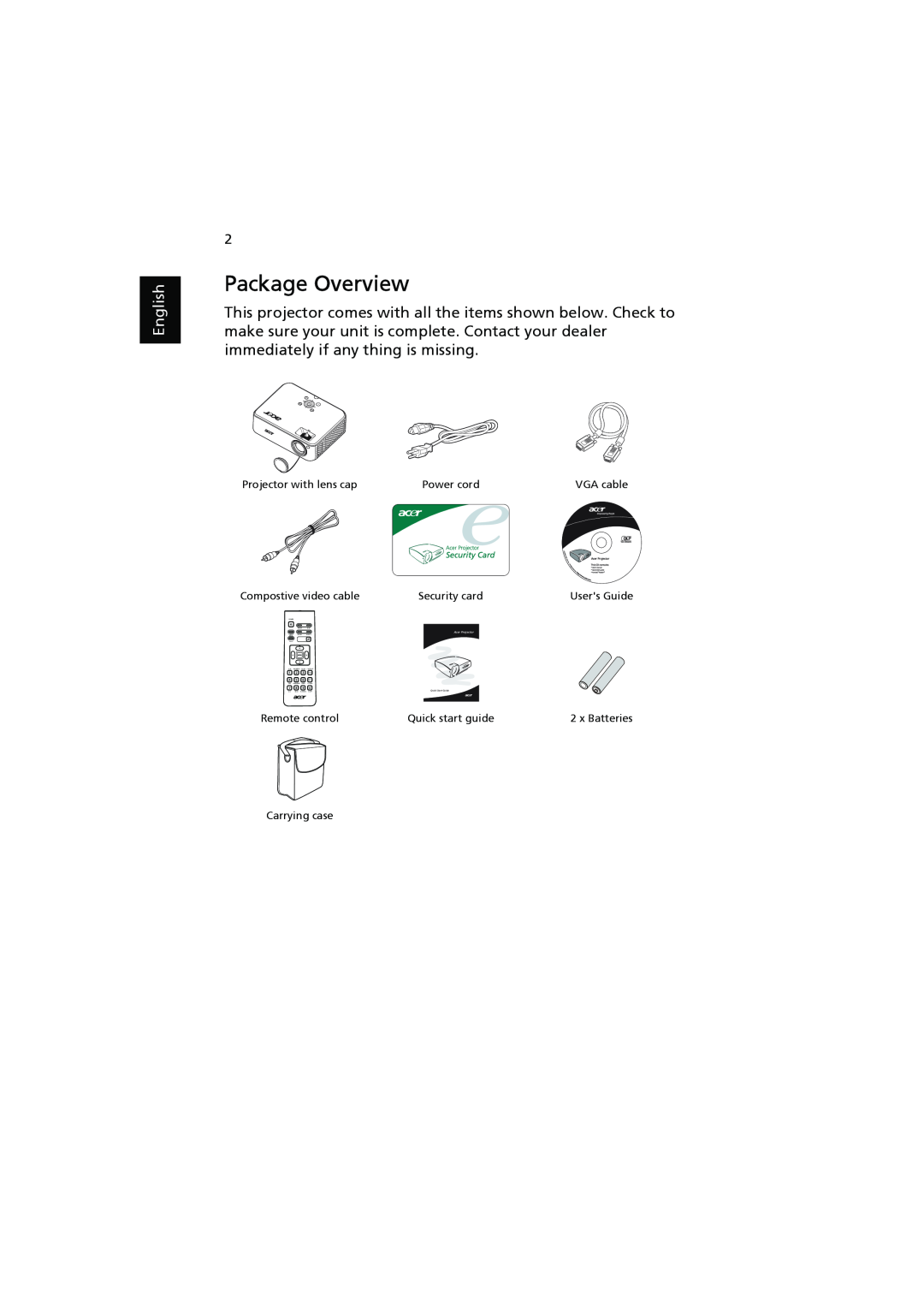 Acer H7531D manual Package Overview, English 