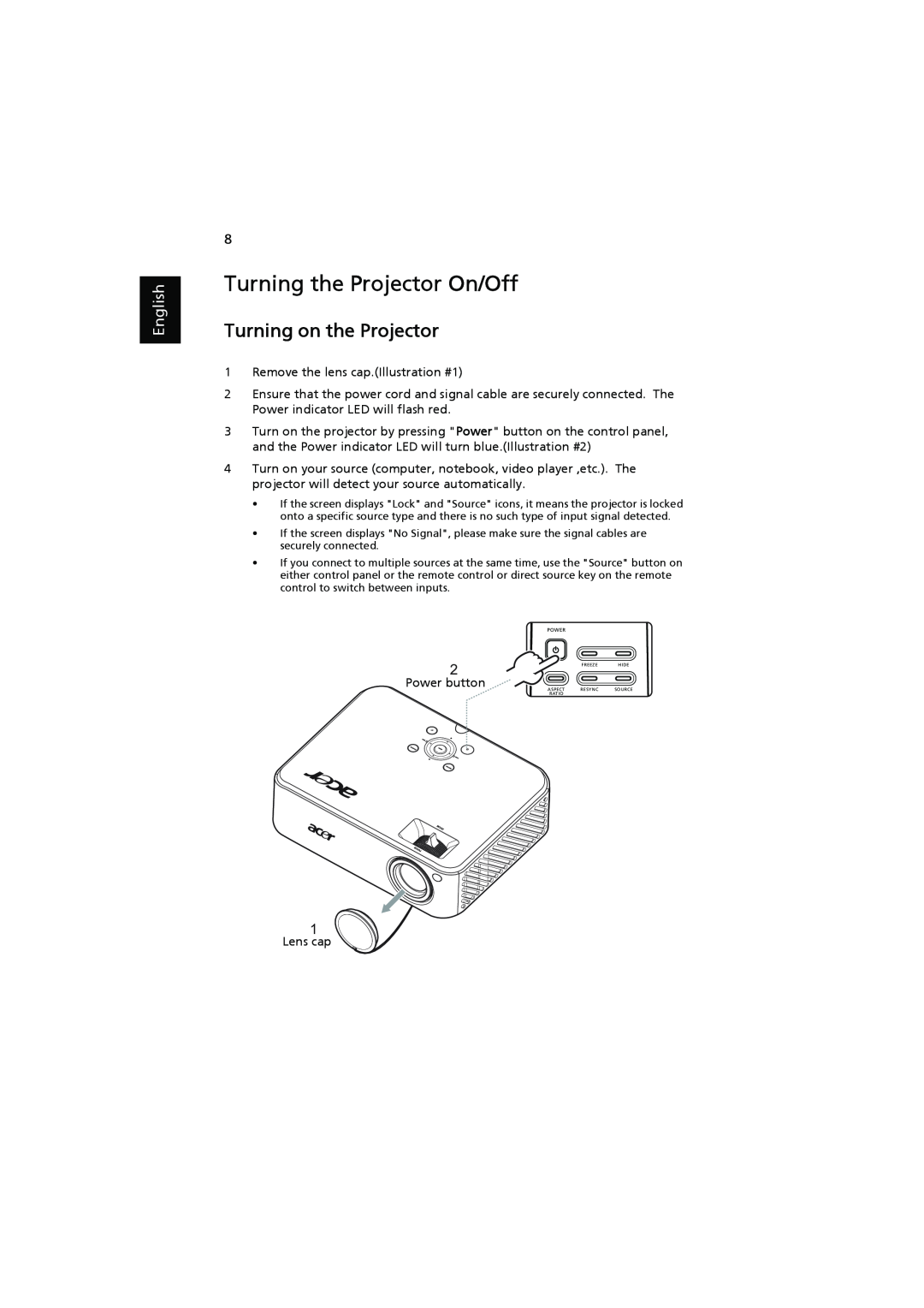 Acer H7531D manual Turning the Projector On/Off, Turning on the Projector, English 