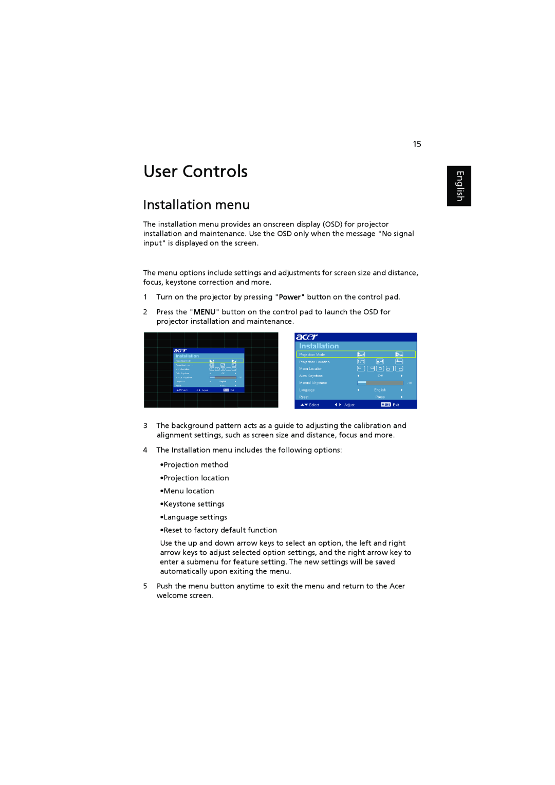 Acer H7531D manual User Controls, Installation menu, English 
