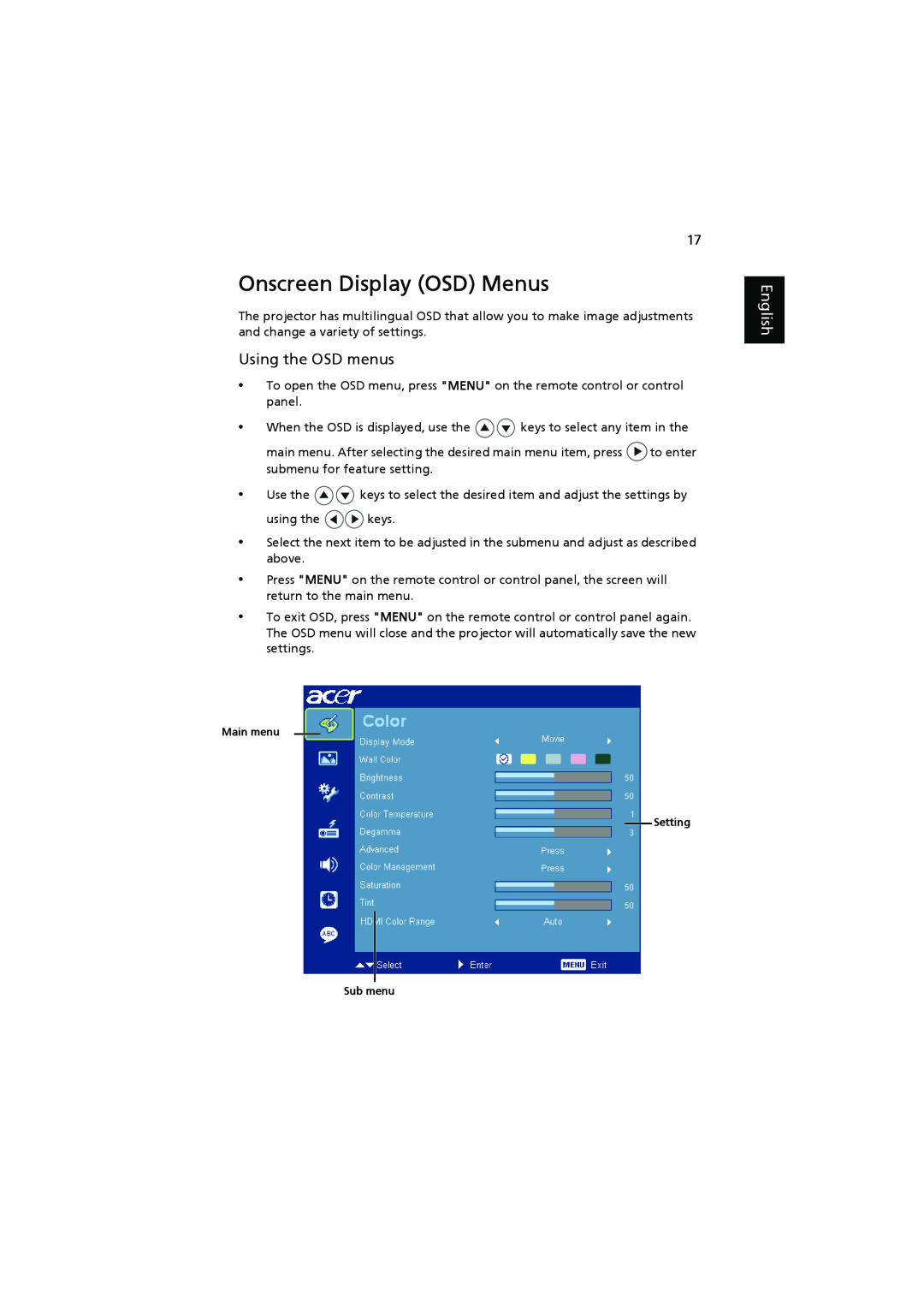 Acer H7531D manual Onscreen Display OSD Menus, Using the OSD menus, English 