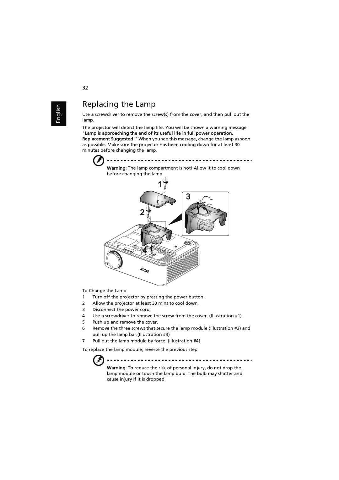 Acer H7531D manual Replacing the Lamp, English 