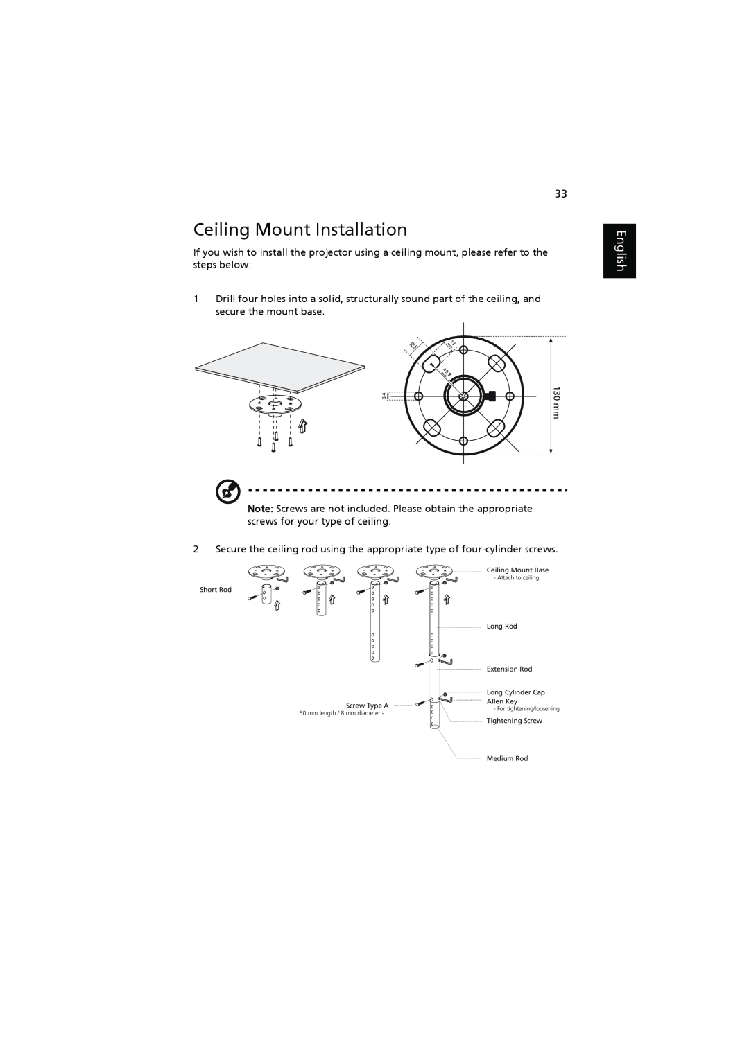 Acer H7531D manual Ceiling Mount Installation, English 