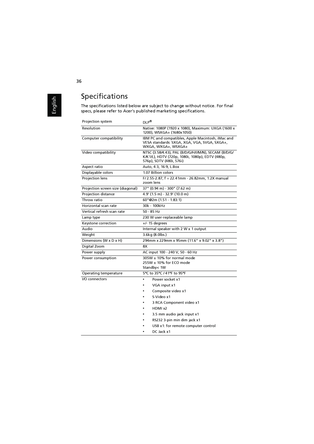 Acer H7531D manual Specifications, English, NTSC 3.58/4.43, PAL B/D/G/H/I/M/N, SECAM B/D/G 