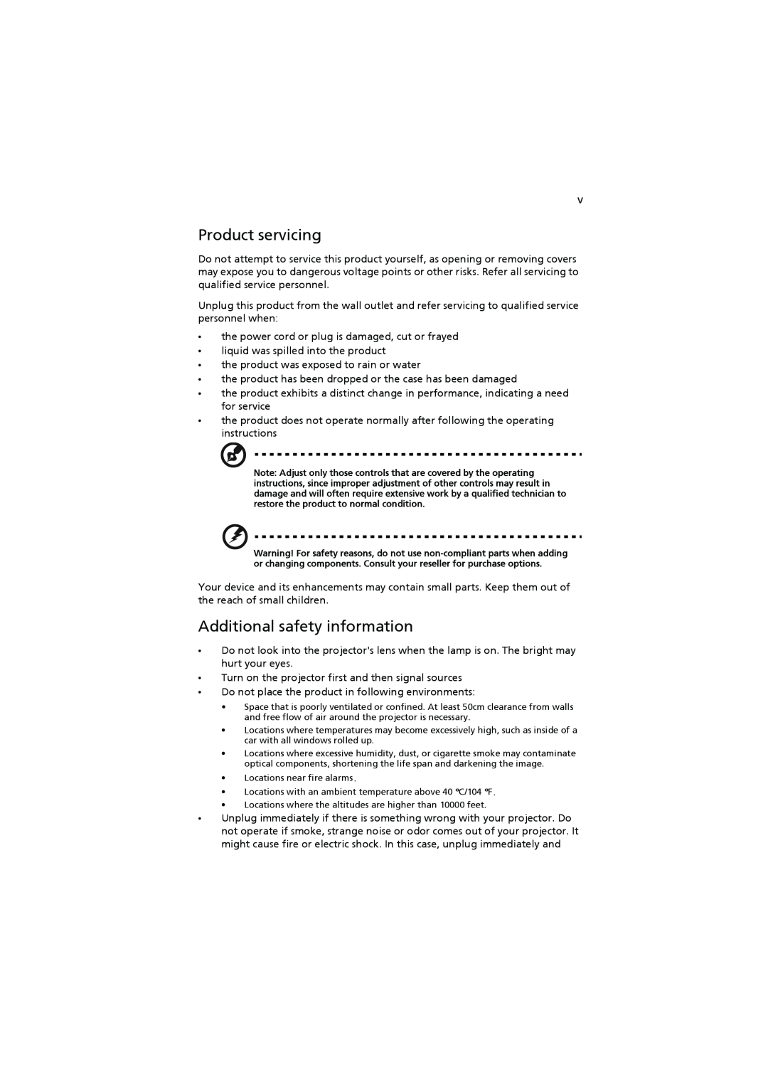 Acer H7531D manual Product servicing, Additional safety information 