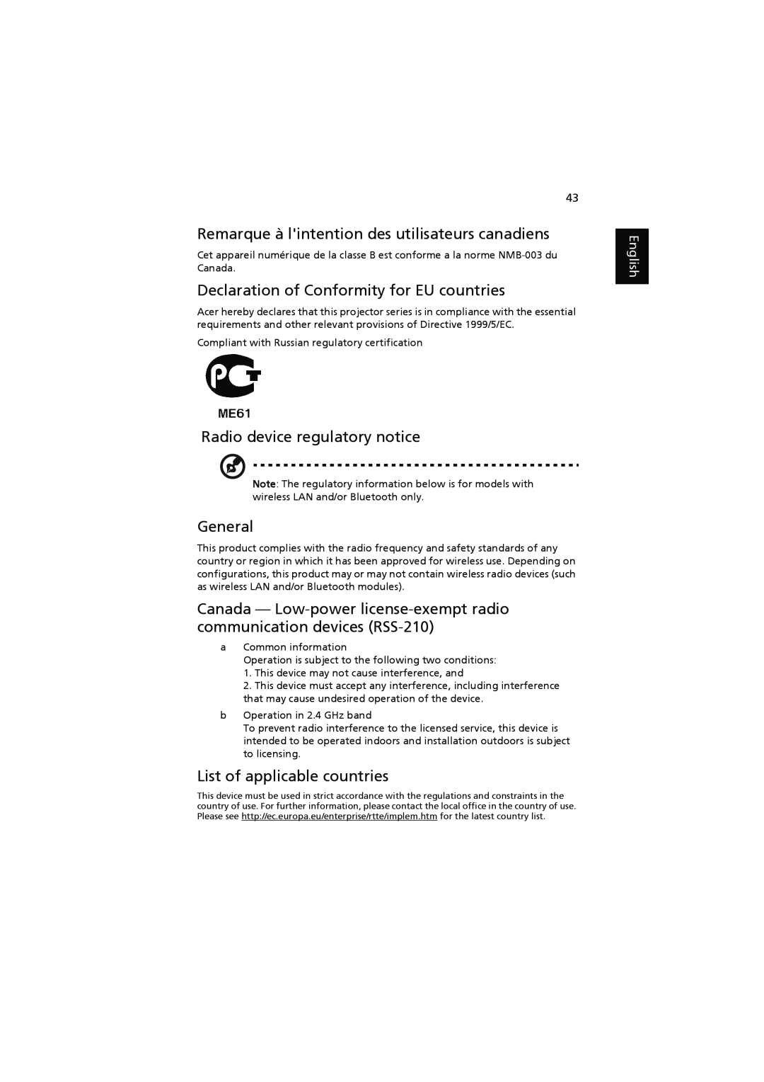 Acer H7531D Remarque à lintention des utilisateurs canadiens, Declaration of Conformity for EU countries, General, English 