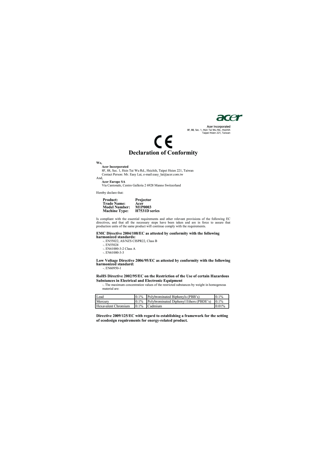 Acer H7531D manual Declaration of Conformity 