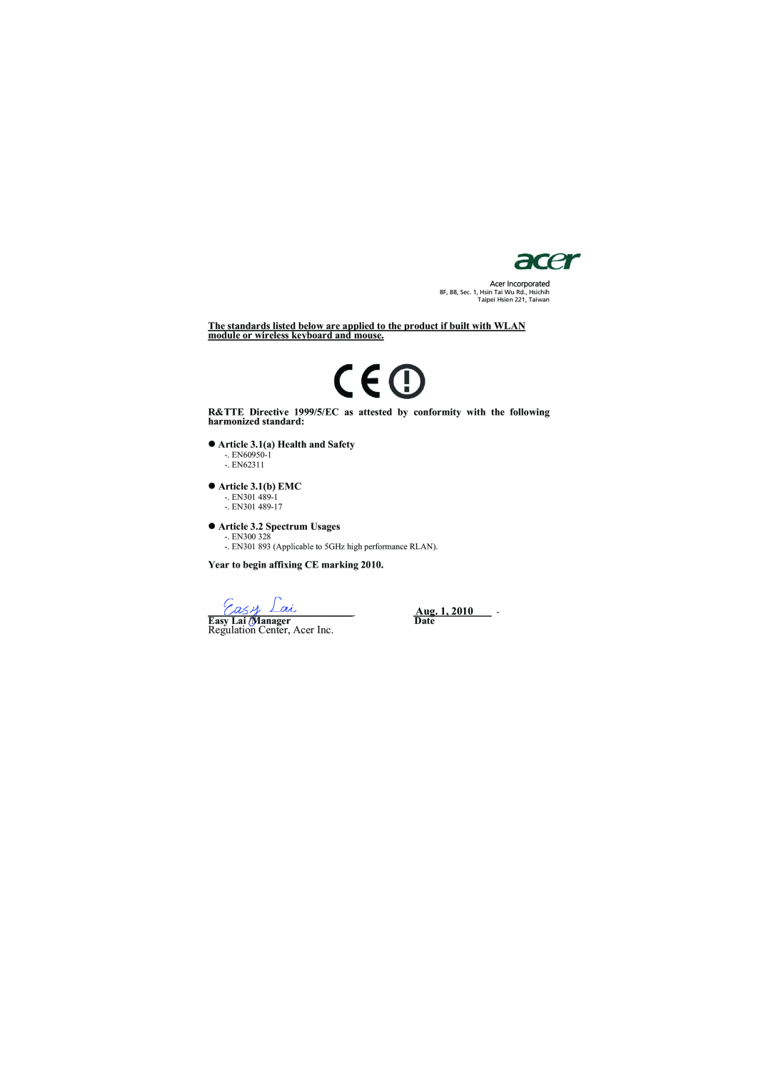 Acer H7531D manual Aug. 1, Regulation Center, Acer Inc 