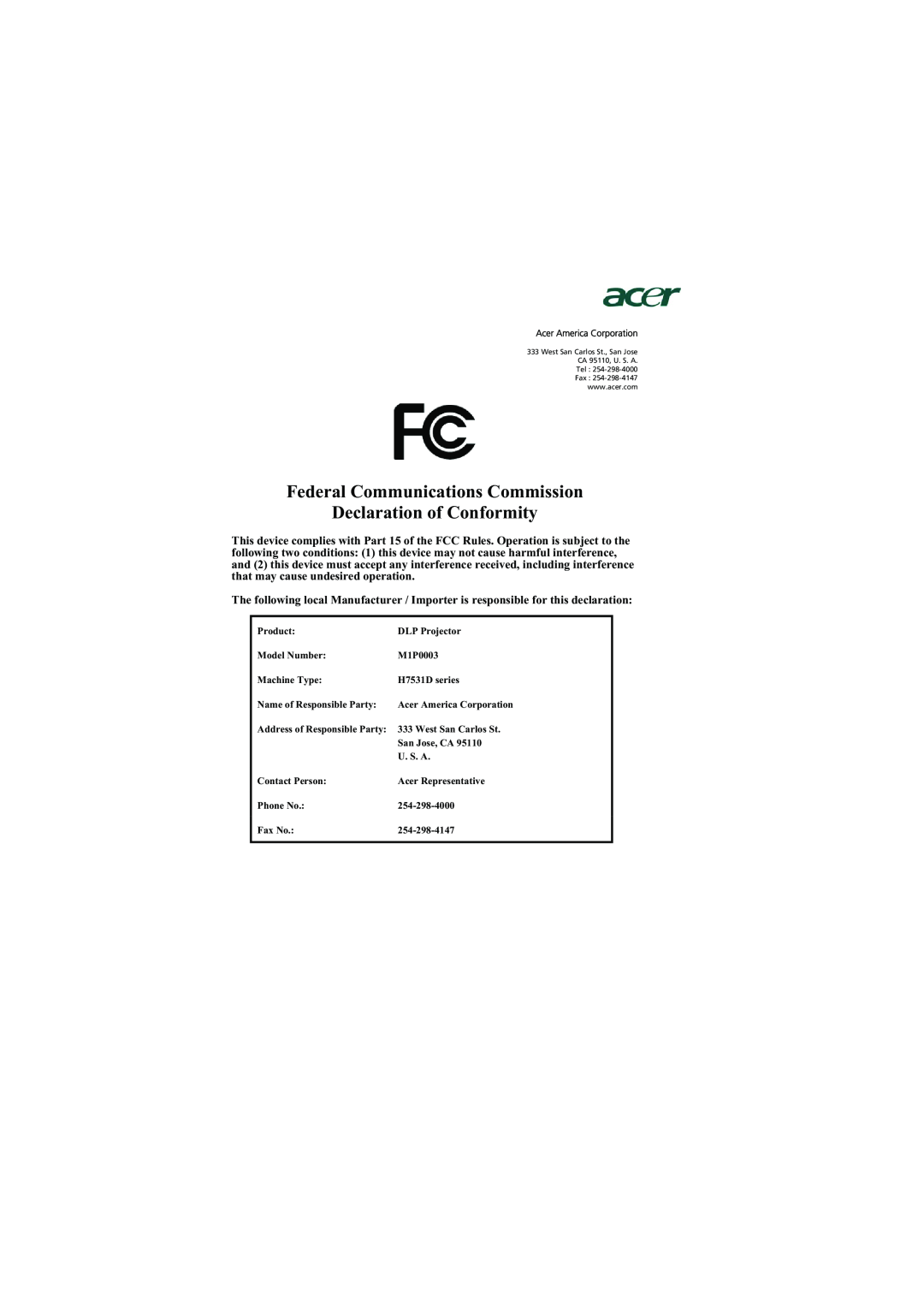 Acer H7531D manual Federal Communications Commission Declaration of Conformity 