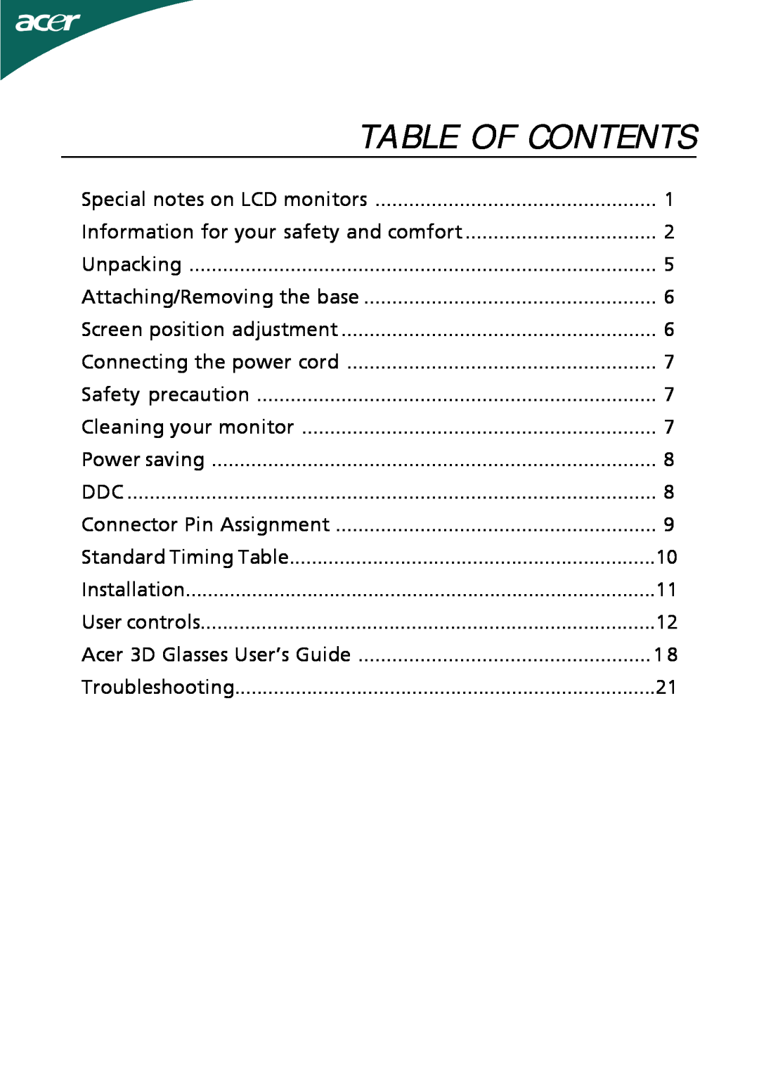 Acer HS244HQ manual Table Of Contents 