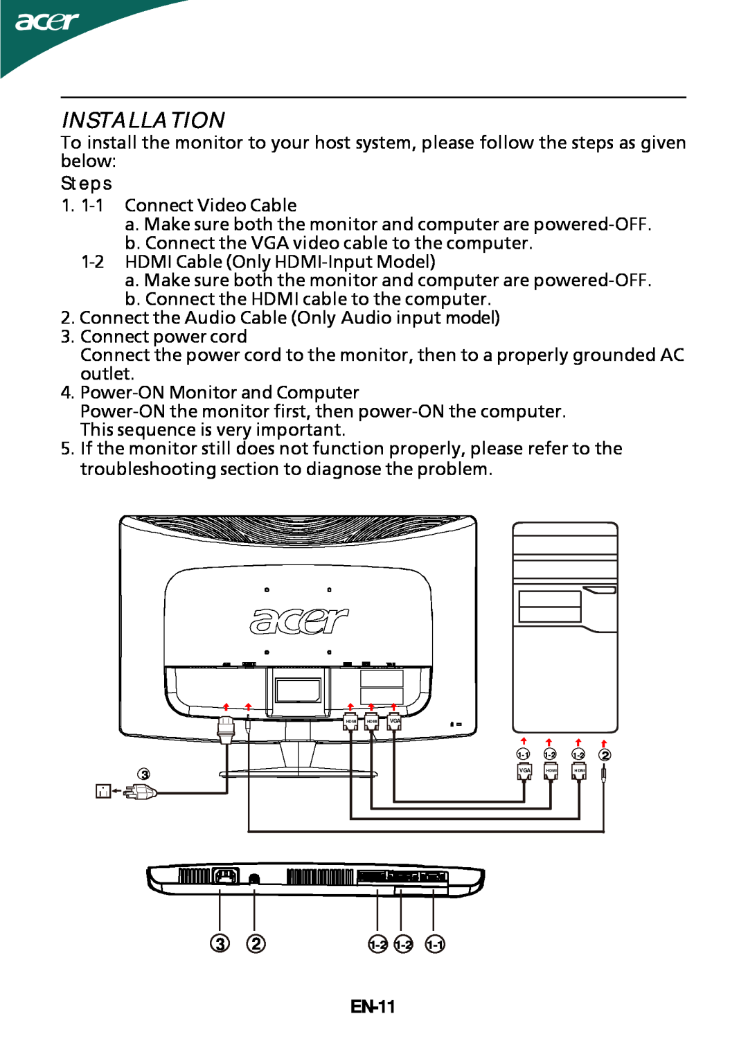 Acer HS244HQ manual Installation, Steps, EN-11 