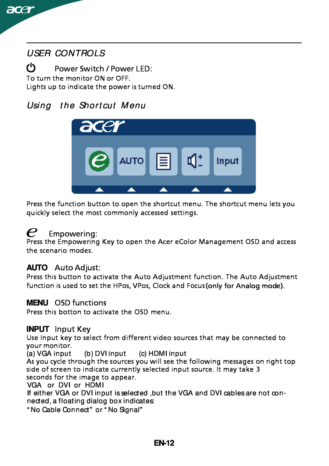 Acer HS244HQ manual User Controls, Using the Shortcut Menu, EN-12 