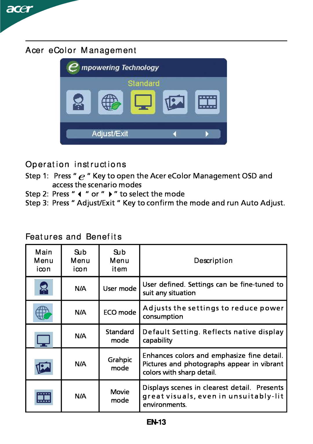 Acer HS244HQ manual Acer eColor Management Operation instructions, Features and Benefits, EN-13 