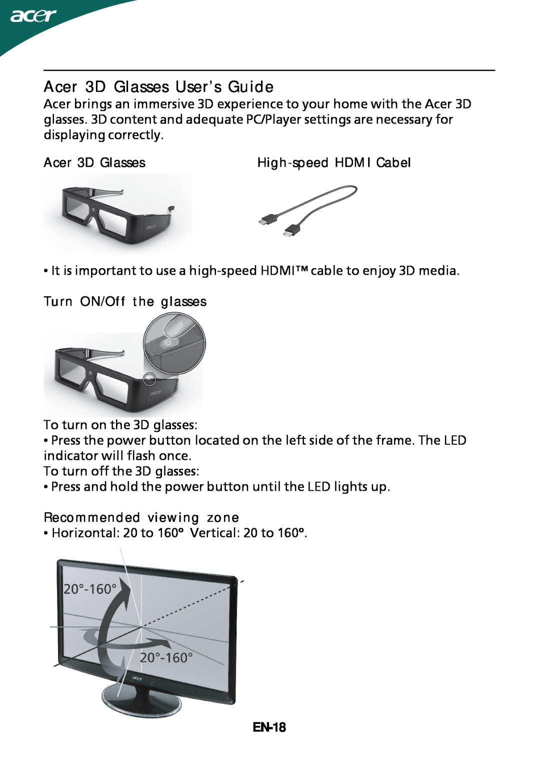 Acer HS244HQ Acer 3D Glasses User’s Guide, High-speed HDMI Cabel, Turn ON/Off the glasses, Recommended viewing zone, EN-18 