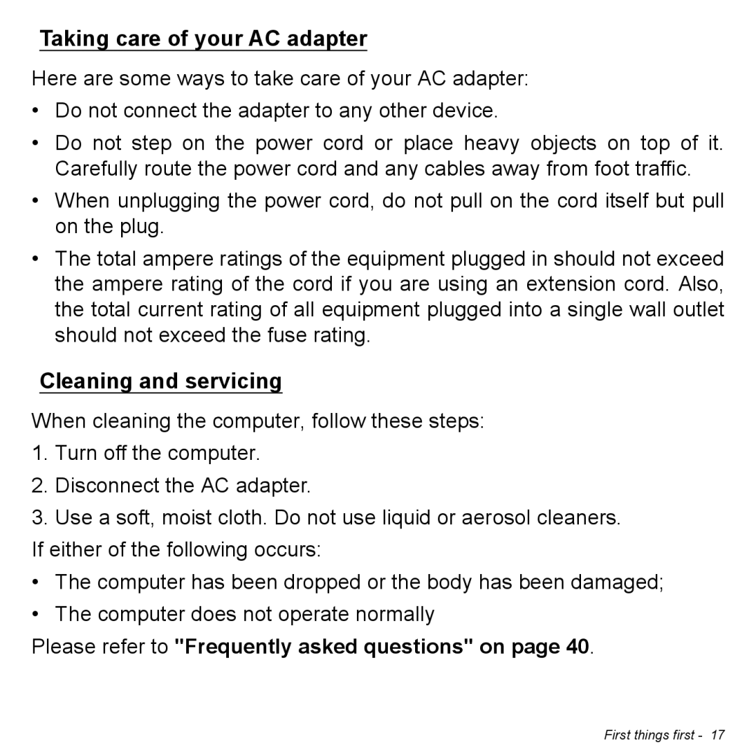 Acer Iconia W3 Taking care of your AC adapter, Cleaning and servicing, Please refer to Frequently asked questions on 