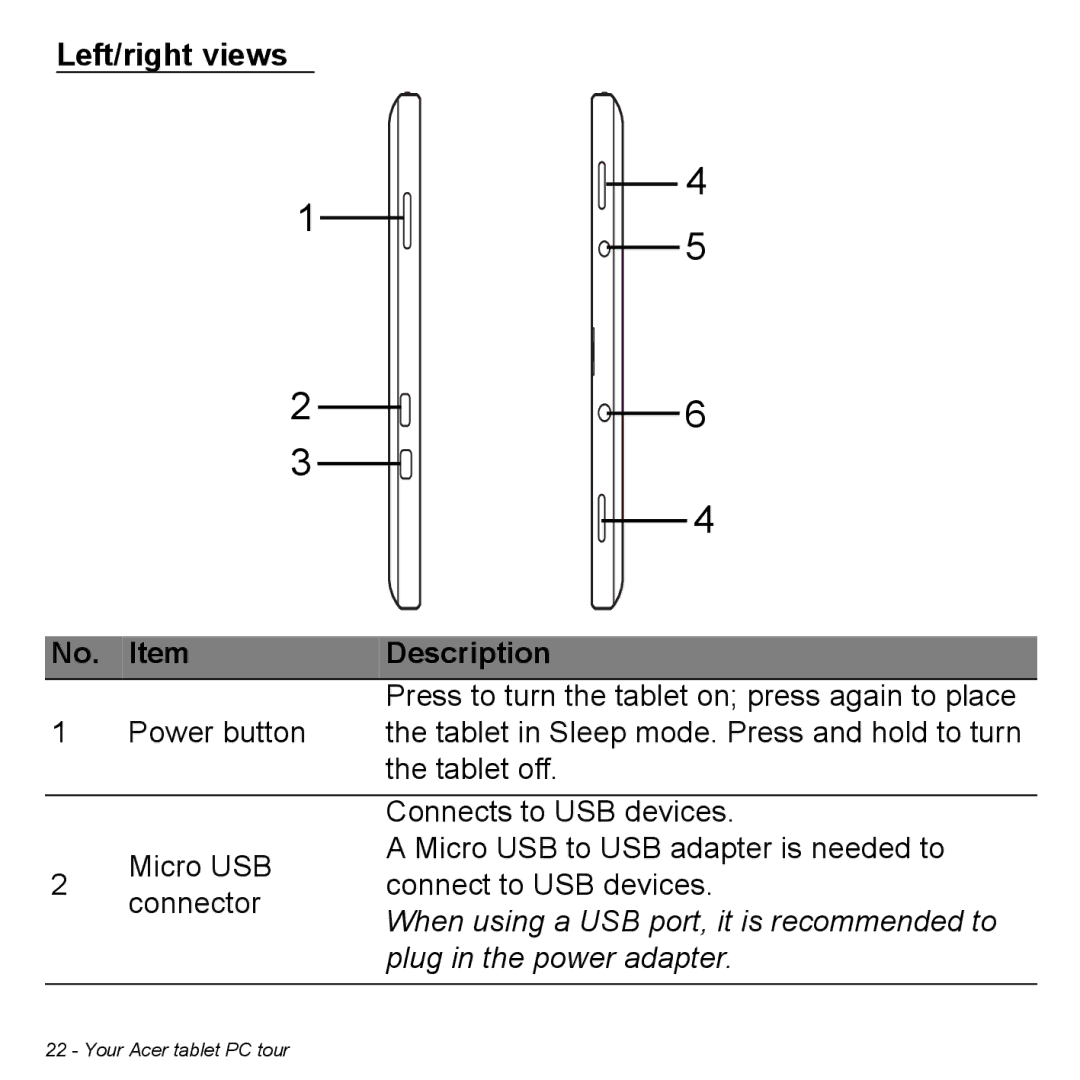 Acer Iconia W3 Left/right views Description, When using a USB port, it is recommended to, Plug in the power adapter 