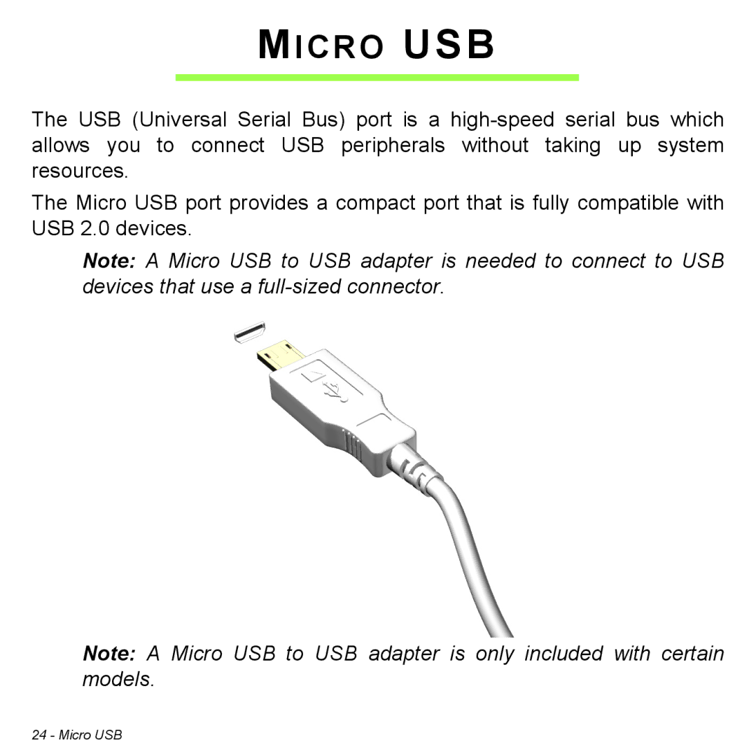 Acer Iconia W3 user manual Micro USB 