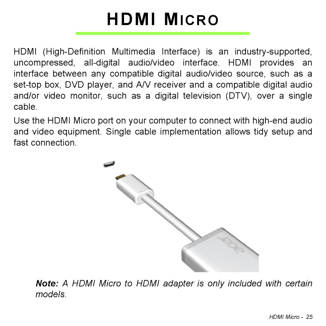 Acer Iconia W3 user manual Hdmi Micro 