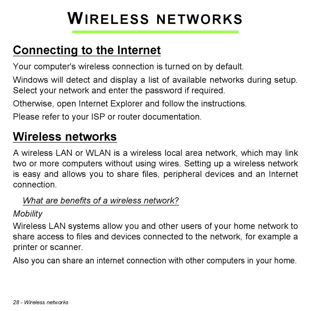 Acer Iconia W3 user manual Wireless Networks, Connecting to the Internet, Wireless networks 