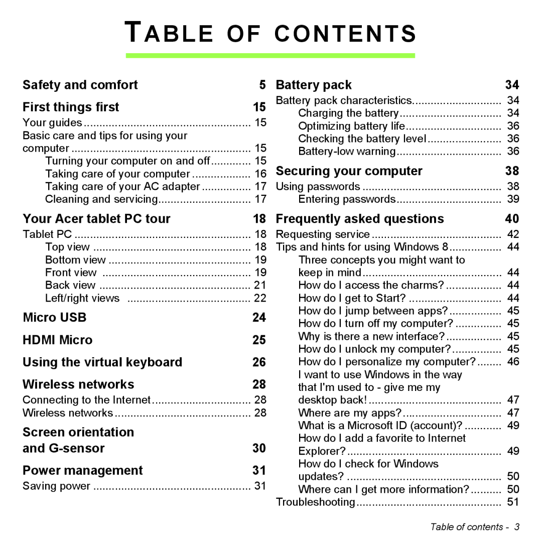 Acer Iconia W3 user manual Table of Contents 